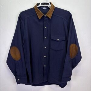 Vintage Woolrich Men's Button Up Shirt Size XL Blue Brown Collar Elbow Patches